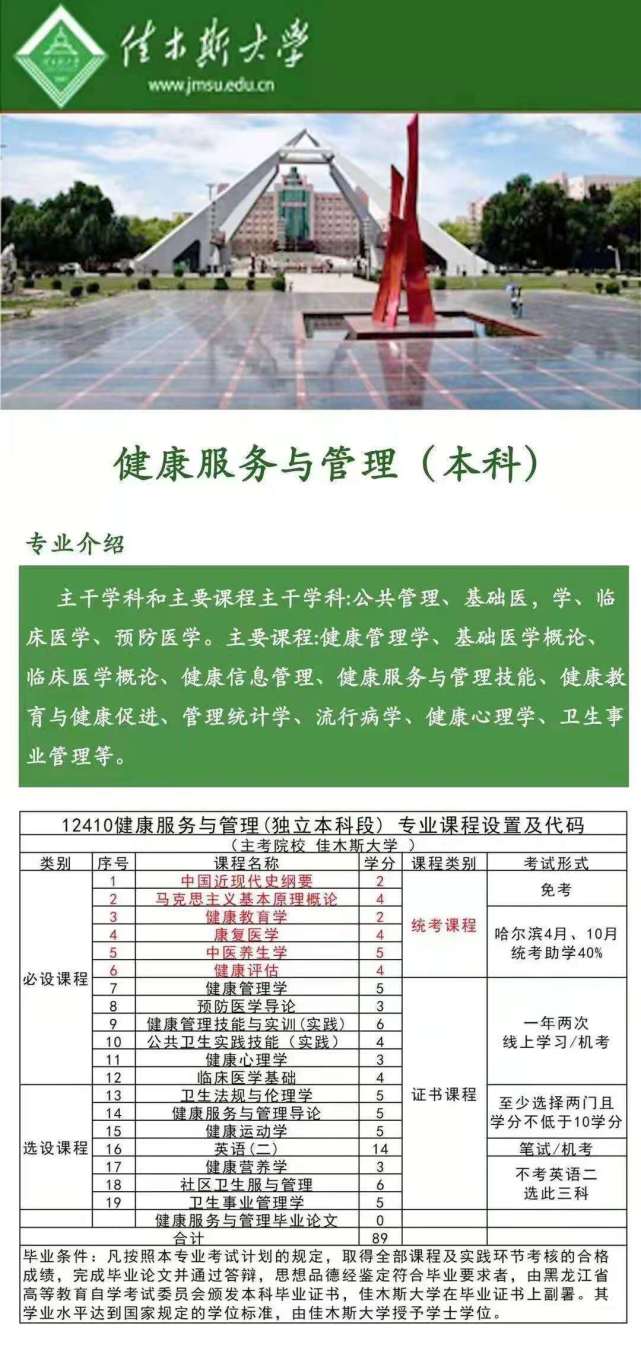 黑龙江助学佳木斯大学健康服务与管理专业自考(本科)2022年招生简章